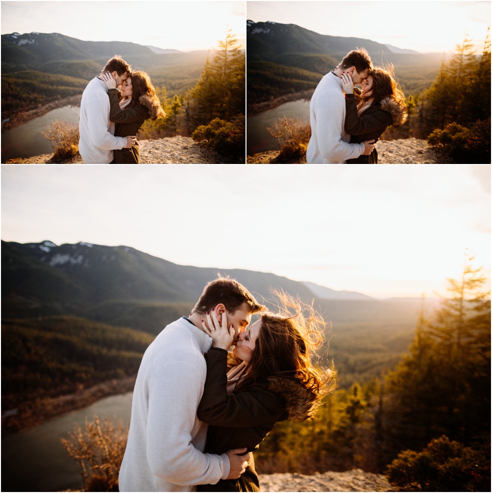 Couple kisses in the Sunset Rattlesnake Ledge Engagement