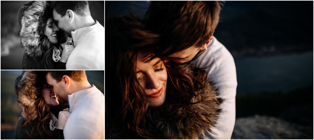 Couple stands together in the Sunset Rattlesnake Ledge Engagement