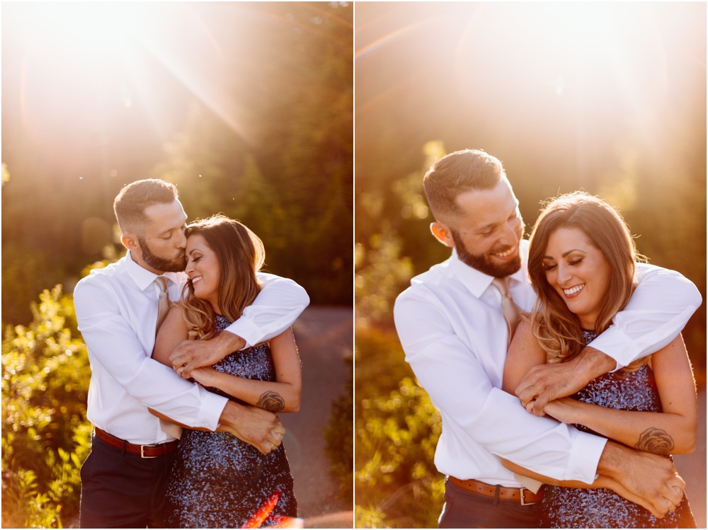 bride and groom laugh in sunset Artist Point hiking engagement