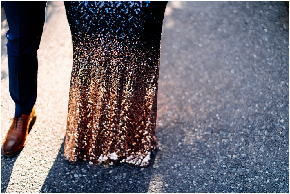 bride's dress shimmers Artist Point hiking engagement