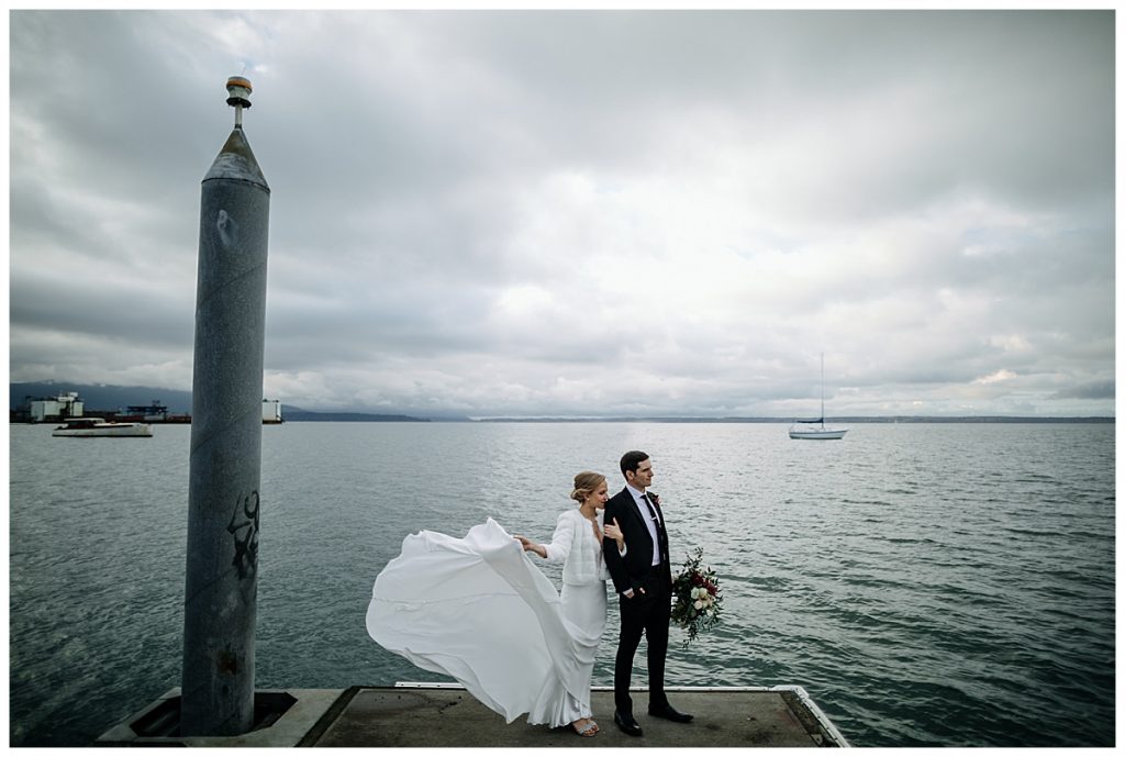 bride's dress flies in the wind Bellingham Ferry Terminal Wedding