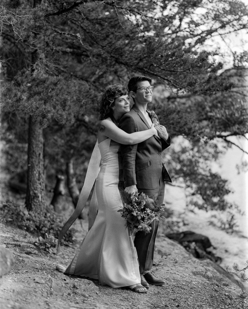 Brides pose together during north cascades lgbtq elopement in washington state