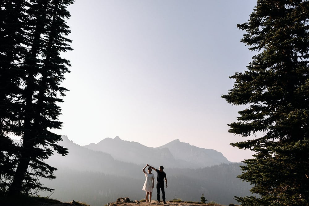 couple dances sunset mt rainier elopement