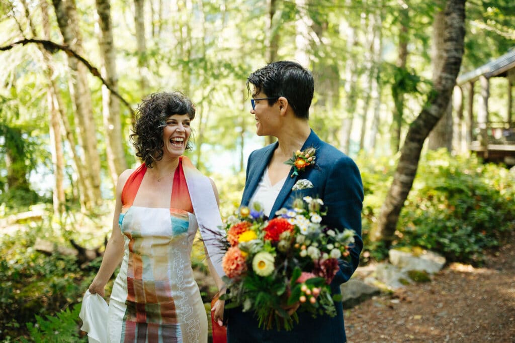 brides laugh during north cascades gay elopement