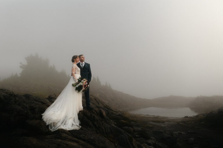 bride and groom together on a foggy sunrise elopement in the north cascades of washington