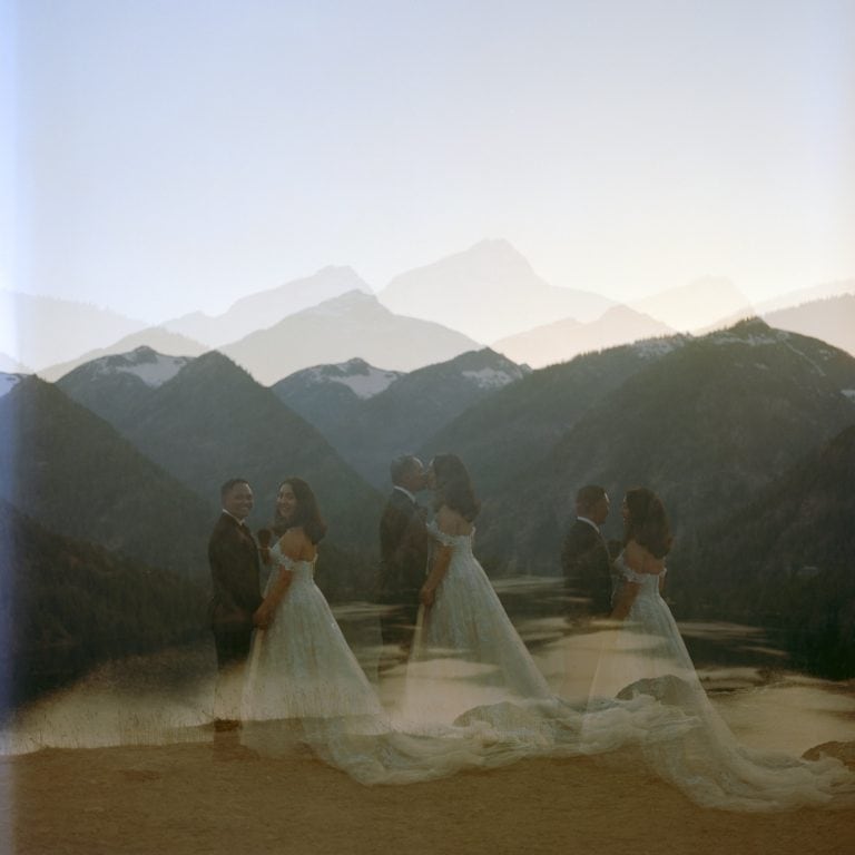 couple kisses at sunset during washington state elopement in North Cascades National Park